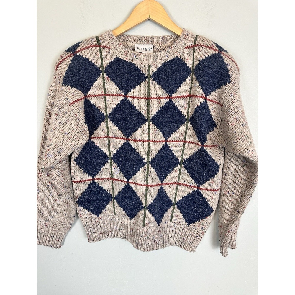 Russ Men's Vintage 90s Argyle Speckled Knit Grandpa Sweater Pullover Small